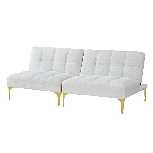 Convertible Couch Bed Futon with Gold Metal Legs, Modern Multi-Functional Convertible Sofa Bed, Teddy Fabric, Small Sectional Sofa, Perfect for Living Room, Bedroom, Office, Apartment (White)