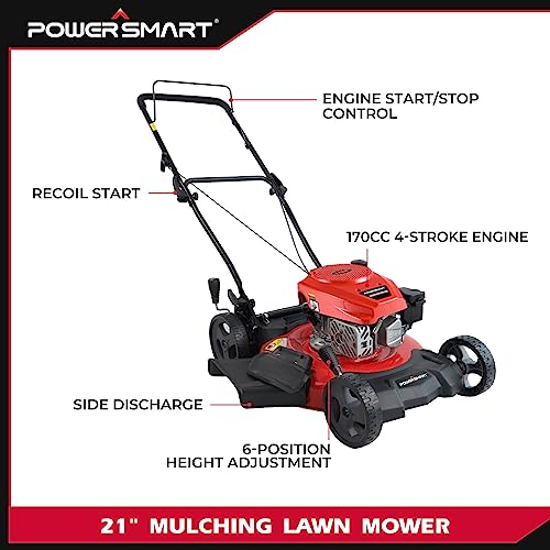 PowerSmart Gas Lawn Mower, 21-Inch 170cc 2-in-1 Mulching and Side-Discharge Push Mower, Red (DB2194CR)