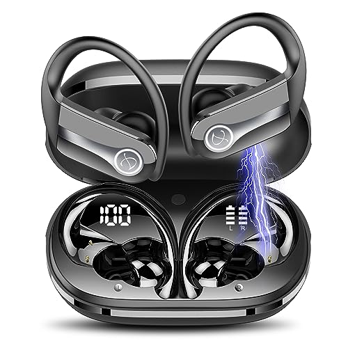 Wireless Earbuds, Bluetooth 5.3 Headphones 50H Playtime Sports Earphones Over-Ear Earhooks Headset with LED Display, ENC Mic, IP7 Waterproof Ear Buds for Workout, USB-C, Gym, Running, Black (2023 New)