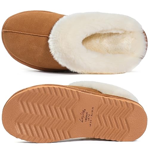 LazyStep Women's Fuzzy Memory Foam Slippers Fluffy House Shoes Indoor Outdoor(Tan,Size 5-6)