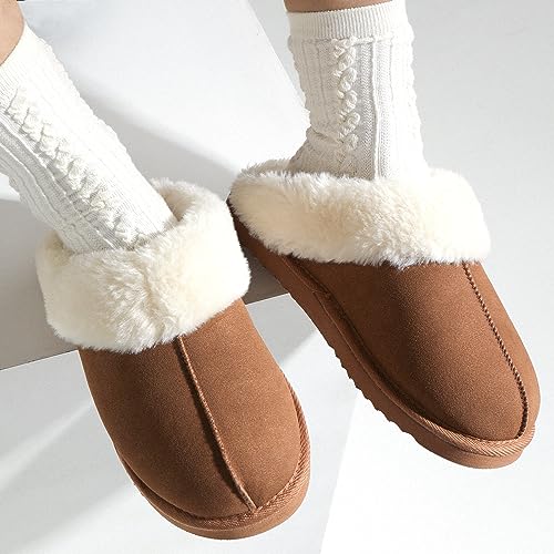 LazyStep Women's Fuzzy Memory Foam Slippers Fluffy House Shoes Indoor Outdoor(Tan,Size 5-6)