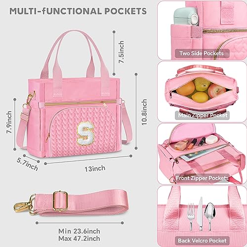 QLOVEA Large Lunch Bag Lunch Box for Women - Personalized Initial Lunch Cooler Box for Work, Portable Lunchbox Insulated Lunch Bags with Side Pocket, Great Gifts Lunchbag for Office Picnics Letter L