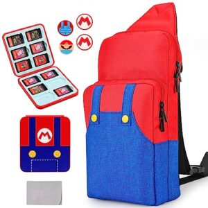 owngen travel bag for nintendo switch/lite/oled, for super mario portable gaming sling chest shoulder crossbody carrying accessories storage backpack with cute game card case, 4 thumb grip caps