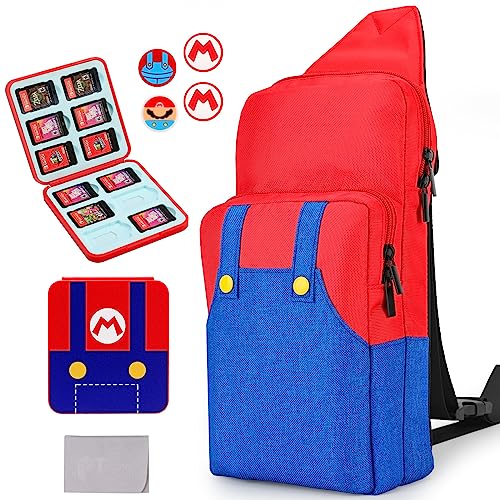 Owngen Travel Bag for Nintendo Switch/Lite/OLED, for Super Mario Portable Gaming Sling Chest Shoulder Crossbody Carrying Accessories Storage Backpack with Cute Game Card Case, 4 Thumb Grip Caps