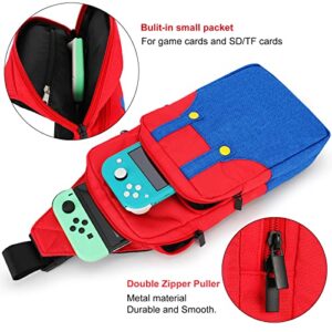 Owngen Travel Bag for Nintendo Switch/Lite/OLED, for Super Mario Portable Gaming Sling Chest Shoulder Crossbody Carrying Accessories Storage Backpack with Cute Game Card Case, 4 Thumb Grip Caps