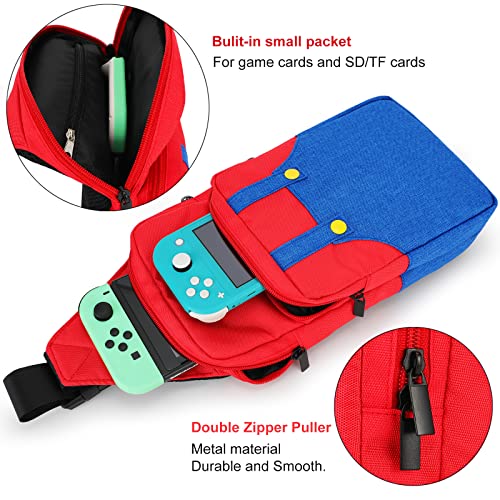 Owngen Travel Bag for Nintendo Switch/Lite/OLED, for Super Mario Portable Gaming Sling Chest Shoulder Crossbody Carrying Accessories Storage Backpack with Cute Game Card Case, 4 Thumb Grip Caps