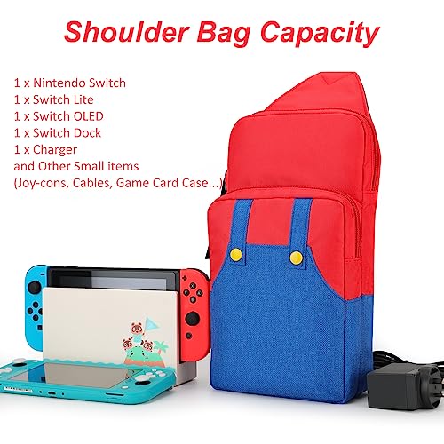 Owngen Travel Bag for Nintendo Switch/Lite/OLED, for Super Mario Portable Gaming Sling Chest Shoulder Crossbody Carrying Accessories Storage Backpack with Cute Game Card Case, 4 Thumb Grip Caps