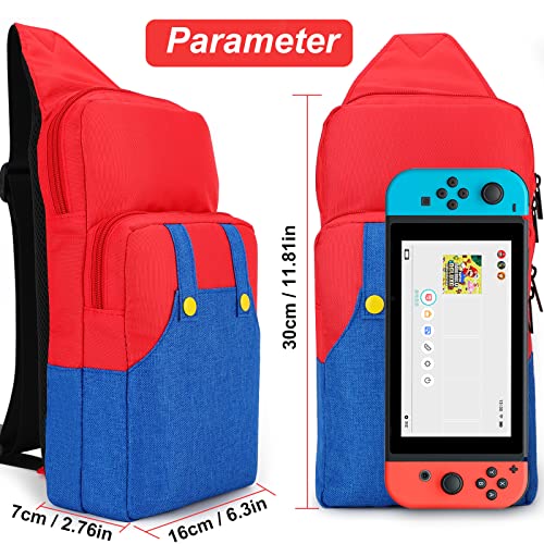 Owngen Travel Bag for Nintendo Switch/Lite/OLED, for Super Mario Portable Gaming Sling Chest Shoulder Crossbody Carrying Accessories Storage Backpack with Cute Game Card Case, 4 Thumb Grip Caps