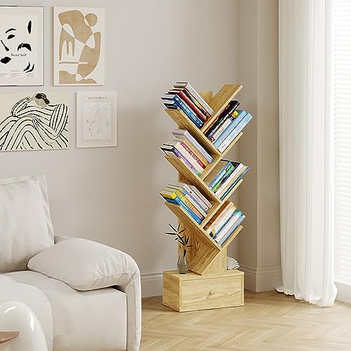 Youkia 6 Tier Tree Bookshelf, 6 Free Standing Bookcases, Morden Wooden Tree Book Shelf with Drawer, Tall Display Utility Storage Organizer Book Shelves for Living Room, Bed Room, Office, Cedar Wood