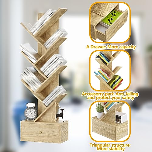 Youkia 6 Tier Tree Bookshelf, 6 Free Standing Bookcases, Morden Wooden Tree Book Shelf with Drawer, Tall Display Utility Storage Organizer Book Shelves for Living Room, Bed Room, Office, Cedar Wood