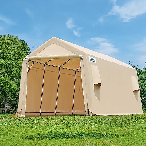 ADVANCE OUTDOOR Carport 10X20 ft Heavy Duty Outdoor Patio Anti-Snow Portable Canopy Storage Shelter Shed with 2 Rolled up Zipper Doors & Vents for Snowmobile Garden Tools, Beige