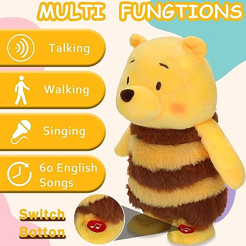 9 Inch Winnie Toys Talking Walking Singing Pooth Bear Plush Toys Repeat What You Say, Interactive Bear Stuffed Toy Figures for Toddler Kids Birthday