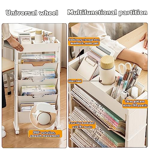 GAGALU 6 Tier Mobile Bookshelf, Moveable Bookshelf Organizer with 360° Universal Wheel Movable Bookshelf Multilayer Capacity for Home, 6 Tier Floor Standing Bookcase Storage Organizer Rack,White