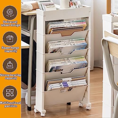 GAGALU 6 Tier Mobile Bookshelf, Moveable Bookshelf Organizer with 360° Universal Wheel Movable Bookshelf Multilayer Capacity for Home, 6 Tier Floor Standing Bookcase Storage Organizer Rack,White