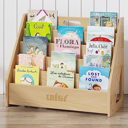 ERUGI Front-Facing Montessori Bookshelf,5 Tier Book Display Shelf for Toddler,Kids Storage Magazine Rack,Solid Wood Bookcase Organizer,Perfect for Playroom,Bedroom,Study Living Room,Nursery,Classroom