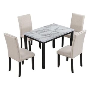 Goohome 5-Piece, Mid-Century Modern Faux Marble Rectangle Table & 4 Upholstered Cushioned Chair, Home Furniture for Small Place, 4-Seater Dining Set, B-White+Beige