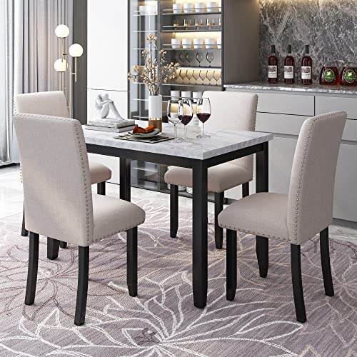 Goohome 5-Piece, Mid-Century Modern Faux Marble Rectangle Table & 4 Upholstered Cushioned Chair, Home Furniture for Small Place, 4-Seater Dining Set, B-White+Beige