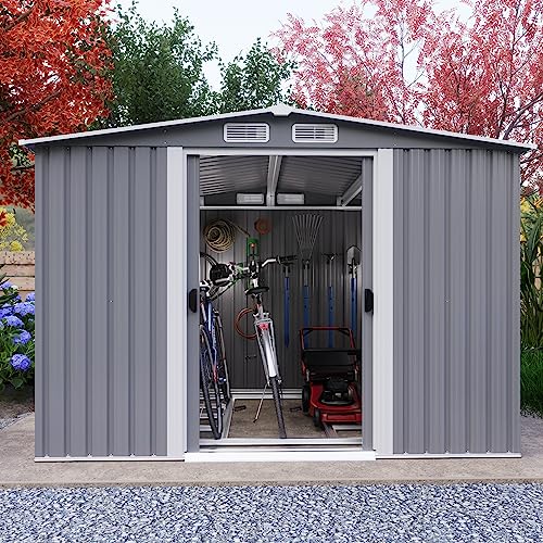 Goohome 8x6 FT Sheds & Outdoor Storage, Sturdy Metal Galvanized Steel Garden Storage Shed W/Lockable Sliding Doors, Built-in-Handles, 4 Air Vents, Waterproof Spacious Utility Tool Storage Bike Shed