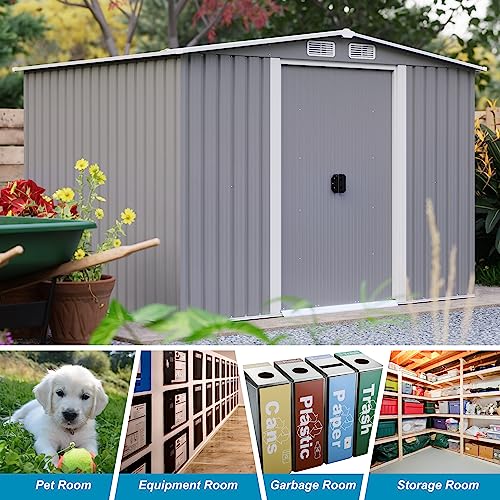 Goohome 8x6 FT Sheds & Outdoor Storage, Sturdy Metal Galvanized Steel Garden Storage Shed W/Lockable Sliding Doors, Built-in-Handles, 4 Air Vents, Waterproof Spacious Utility Tool Storage Bike Shed