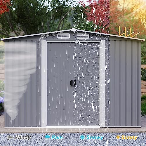 Goohome 8x6 FT Sheds & Outdoor Storage, Sturdy Metal Galvanized Steel Garden Storage Shed W/Lockable Sliding Doors, Built-in-Handles, 4 Air Vents, Waterproof Spacious Utility Tool Storage Bike Shed