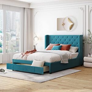 yuihome queen size velvet upholstered platform bed with a big drawer, queen storage bed with wingback headboard for bedroom guestroom, no box spring needed, blue