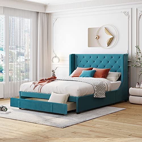 YuiHome Queen Size Velvet Upholstered Platform Bed with a Big Drawer, Queen Storage Bed with Wingback Headboard for Bedroom Guestroom, No Box Spring Needed, Blue