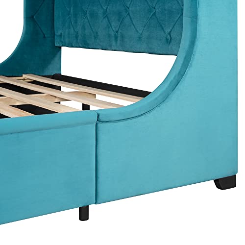 YuiHome Queen Size Velvet Upholstered Platform Bed with a Big Drawer, Queen Storage Bed with Wingback Headboard for Bedroom Guestroom, No Box Spring Needed, Blue