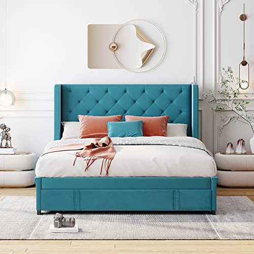 YuiHome Queen Size Velvet Upholstered Platform Bed with a Big Drawer, Queen Storage Bed with Wingback Headboard for Bedroom Guestroom, No Box Spring Needed, Blue
