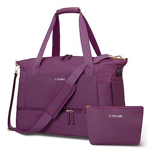 Gym Bag for Women, Sports Travel Duffel Bag with USB Charging Port, Weekender Overnight Bag with Wet Pocket and Shoes Compartment for Women Travel, Gym, Yoga (Grape Purple)