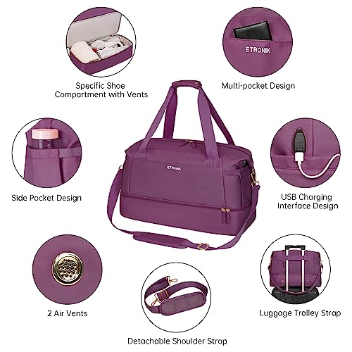 Gym Bag for Women, Sports Travel Duffel Bag with USB Charging Port, Weekender Overnight Bag with Wet Pocket and Shoes Compartment for Women Travel, Gym, Yoga (Grape Purple)