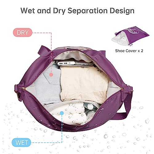 Gym Bag for Women, Sports Travel Duffel Bag with USB Charging Port, Weekender Overnight Bag with Wet Pocket and Shoes Compartment for Women Travel, Gym, Yoga (Grape Purple)