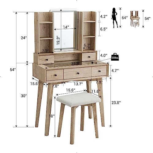 T4TREAM Vanity Desk with Mirror and Lights,Makeup Vanity Table Set with Visual Drawers,Cushioned Stool and 3 Color Lighting Modes,32 inch Dressing Table for Bedroom Women Girls,Natural Oak