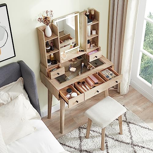 T4TREAM Vanity Desk with Mirror and Lights,Makeup Vanity Table Set with Visual Drawers,Cushioned Stool and 3 Color Lighting Modes,32 inch Dressing Table for Bedroom Women Girls,Natural Oak