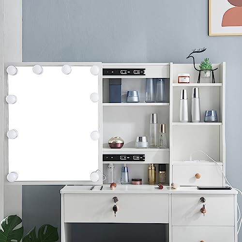 Vanity Table Set with Lighted Mirror, Makeup Table with Drawers, Vanity Dressing Tables Bedroom Dresser Desk for Girls, Women, White (H1906USPW)