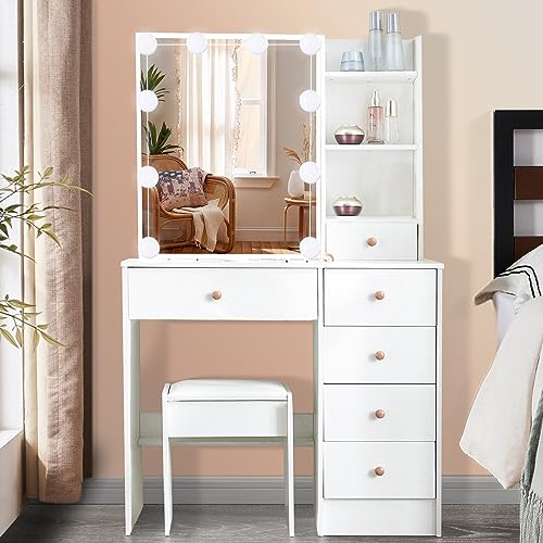 Makeup Vanity Set with Mirror & Lights, 5 Storage Drawer & Stool, 3 Lighting Modes Adjustable Brightness, Bedroom Dressing Table for Women Girls, White (Modern Vanity W-4)