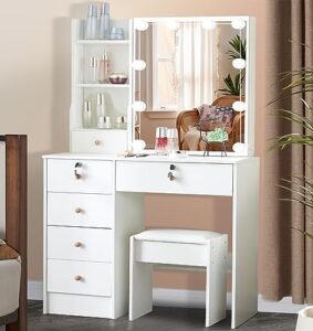 makeup vanity set with mirror & lights, 5 storage drawer & stool, 3 lighting modes adjustable brightness, bedroom dressing table for women girls, white (modern vanity w-3)