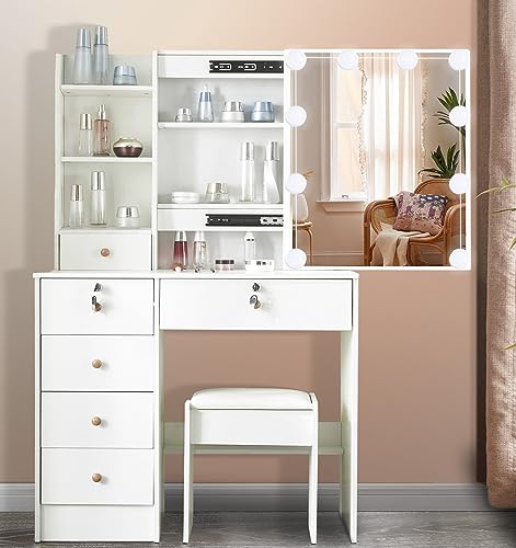 Makeup Vanity Set with Mirror & Lights, 5 Storage Drawer & Stool, 3 Lighting Modes Adjustable Brightness, Bedroom Dressing Table for Women Girls, White (Modern Vanity W-3)