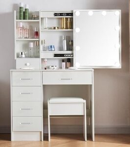 makeup vanity set with lights & mirror, large vanity table with storage drawers & stool, bedroom dresser desk dressing table for girls women (modern)