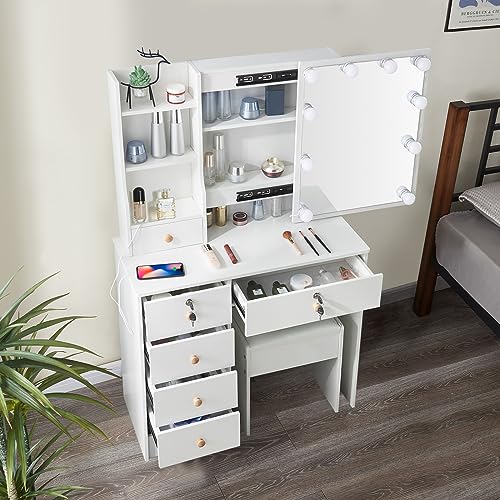 JBLCC Makeup Vanity with Lights Mirror, Makeup Table Set Vanity Mirror with Sliding Mirror, Vanity Desk with Storage Shelves, Drawers, Modern Vanity Table for Bedroom (62605)