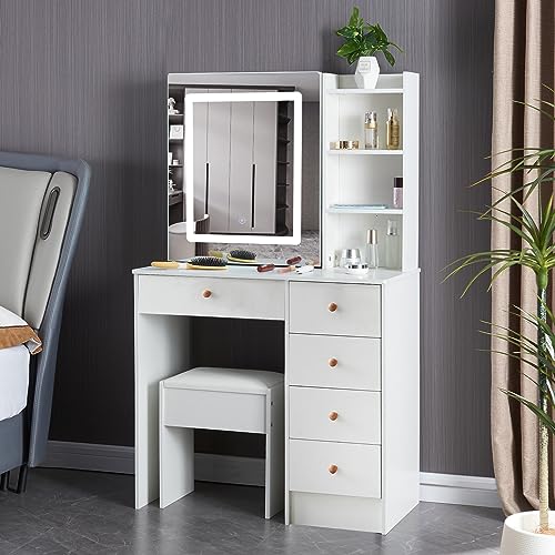 JBLCC Vanity Desk with Mirror and Lights,Makeup Vanity with Sliding Mirror, Makeup Table Set with Storage Shelves, Drawers, Modern Vanity Table for Bedroom (62706led)