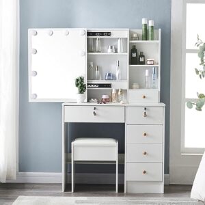 vanity desk with lights and mirror, vanity table with 6 drawers and stool, 3 light color modes, modern makeup vanity with hidden and open storage shelves, white
