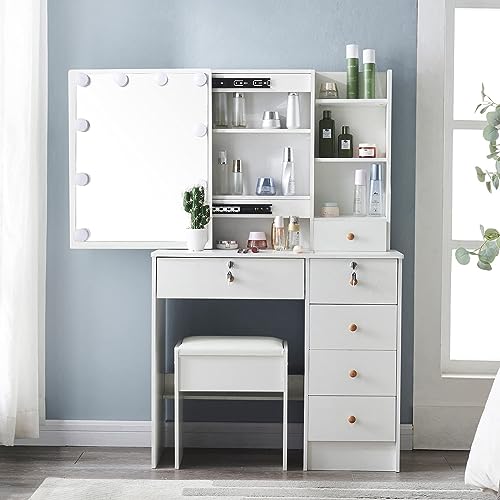 Vanity Desk with Lights and Mirror, Vanity Table with 6 Drawers and Stool, 3 Light Color Modes, Modern Makeup Vanity with Hidden and Open Storage Shelves, White