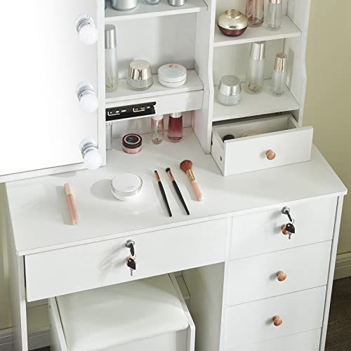 Vanity Desk with Lights and Mirror, Vanity Table with 6 Drawers and Stool, 3 Light Color Modes, Modern Makeup Vanity with Hidden and Open Storage Shelves, White