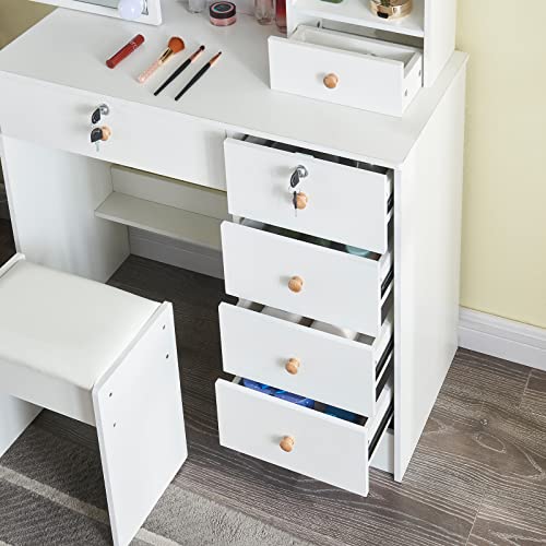 Vanity Desk with Lights and Mirror, Vanity Table with 6 Drawers and Stool, 3 Light Color Modes, Modern Makeup Vanity with Hidden and Open Storage Shelves, White