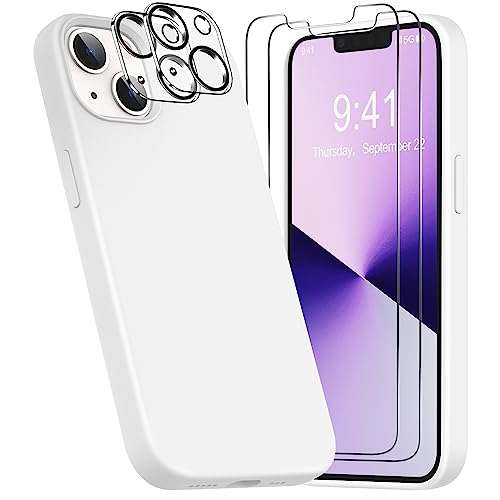 YATWIN [5 in 1 Designed for iPhone 13 Case with 2X Screen Protector + 2X Camera Lens Protector, Liquid Silicone Slim Soft Rubber Shockproof Phone Case Cover for iPhone 13 (6.1") - White