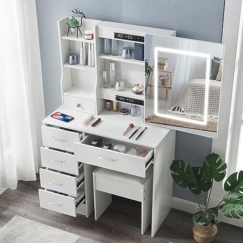 Large Vanity Table Makeup Vanity with LED Lights and Mirror, White Vanity Set Dressing Table with Drawers and Stool, Vanity Dresser Desk for Girls Women