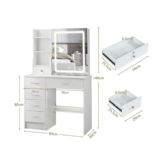 Large Vanity Table Makeup Vanity with LED Lights and Mirror, White Vanity Set Dressing Table with Drawers and Stool, Vanity Dresser Desk for Girls Women