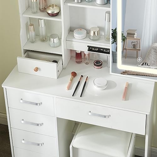 Large Vanity Table Makeup Vanity with LED Lights and Mirror, White Vanity Set Dressing Table with Drawers and Stool, Vanity Dresser Desk for Girls Women