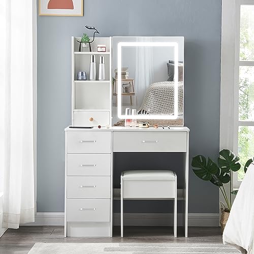 Large Vanity Table Makeup Vanity with LED Lights and Mirror, White Vanity Set Dressing Table with Drawers and Stool, Vanity Dresser Desk for Girls Women