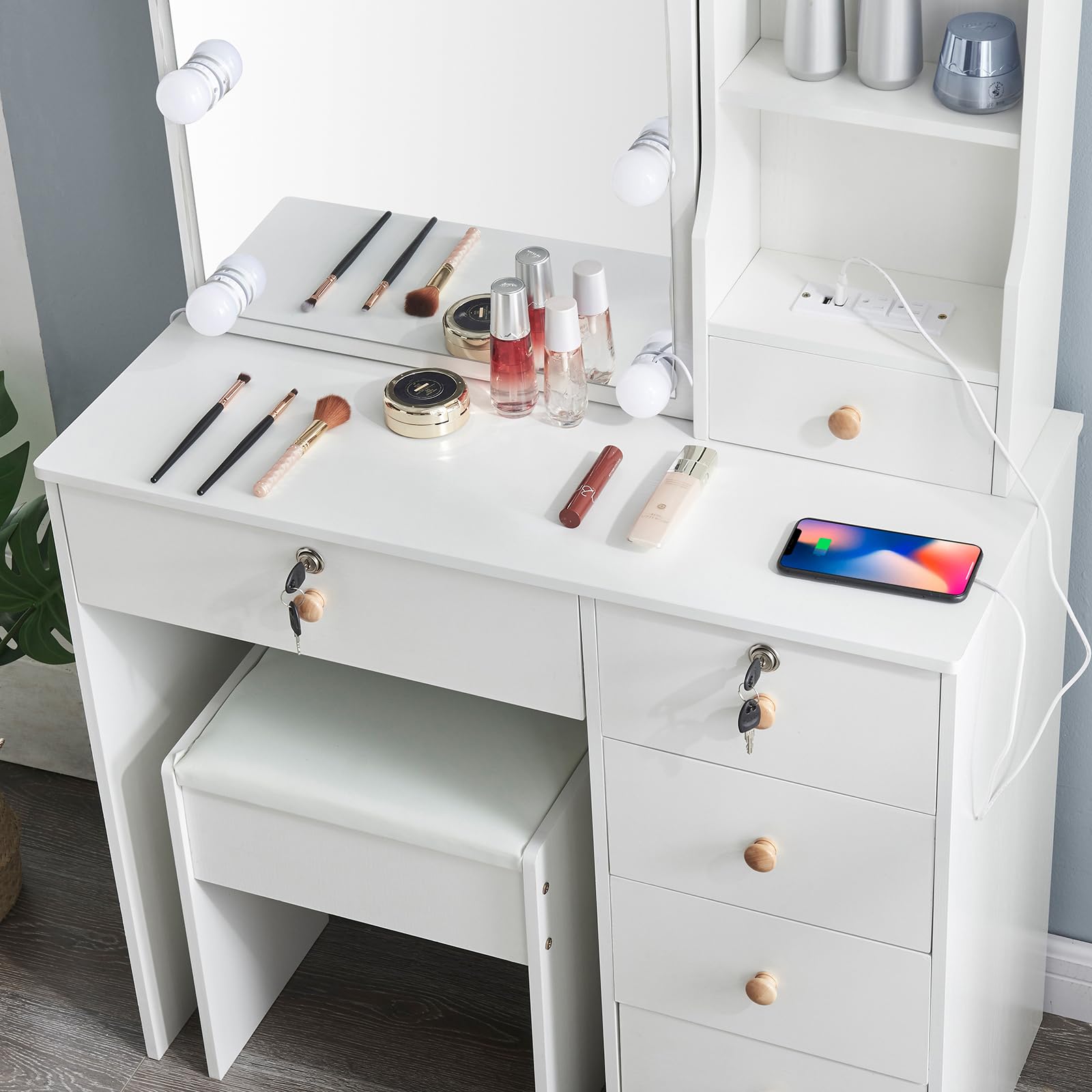 Saihemei Makeup Dressing Table with Sliding Mirror and Lights, 3 Color Modes Vanity Set with Storage Shelves and Chair, Makeup Table with Charging Station for Women Girls